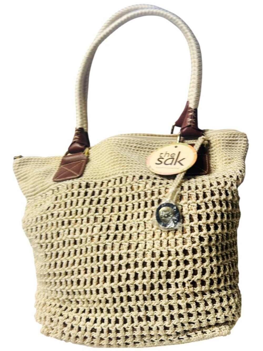 The Sak Cambria Crochet Tote Shoulder Bag Ivory Zip Top NWT 15x10 - Picture 6 of 8